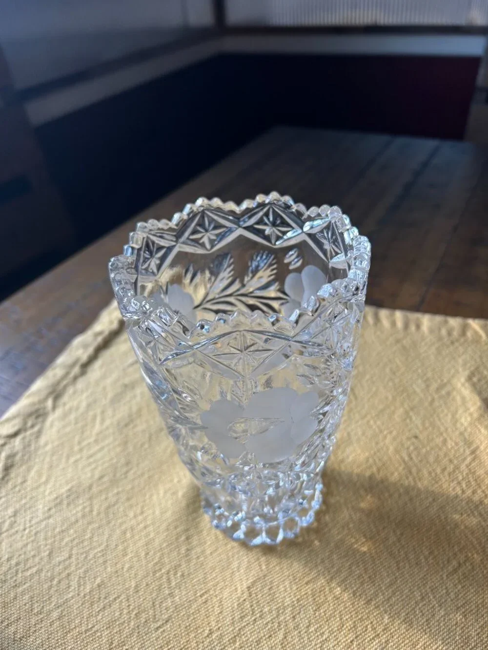 Vintage  Cut & etched full lead crystal  vase featuring sawtooth rim & frosted f